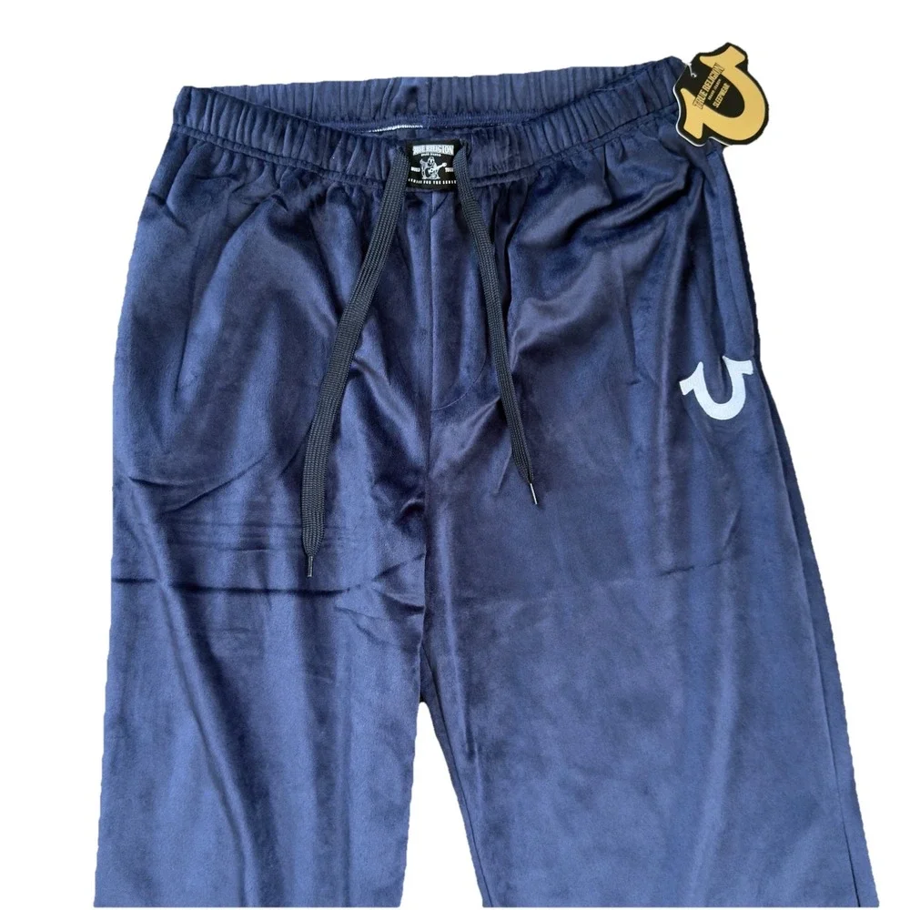 True Religion Pants Mens sz M Blue Velour‎ Sweatpants Logo Lounge Pockets NWT